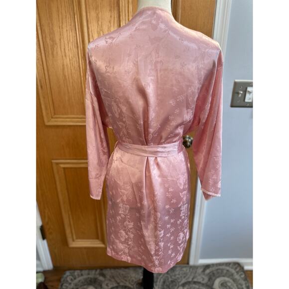 Vintage Women's Pink Satin Robe Roses Bows Floral Jacquard Belted Dressing Gown - Picture 3 of 6